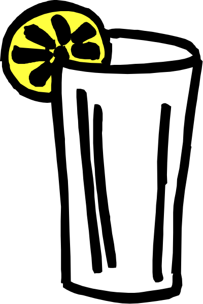 The black and white illustration shows a tall glass filled with ice cubes topped by lemon slices on top of it next to an orange slice in front of it.