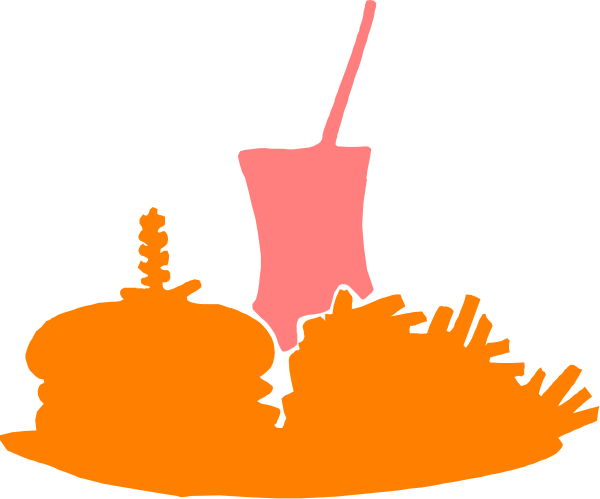 The image shows a black background with an orange silhouette of food items on top left corner; there is also pink text in upper right that reads "SUSHI" next to what appears to be sushi roll, and below it, two small trees or plants at bottom center.