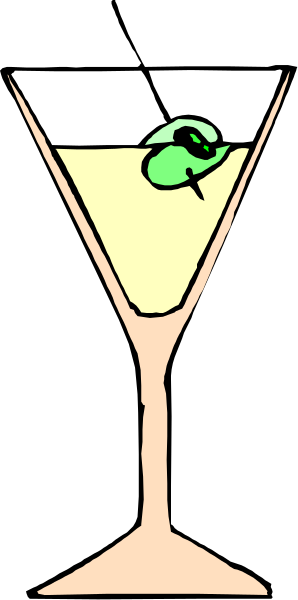 The image shows a martini glass with an olive on top of it placed against a dark background.