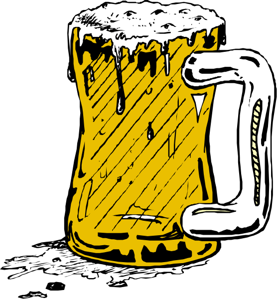 The image shows a cartoon of an ice cold beer mug with foam on top sitting atop what appears to be a bar counter in front of it is another similar glass filled halfway up with liquid that looks like beer, and there's some condensation visible around both glasses indicating they are chilled.
