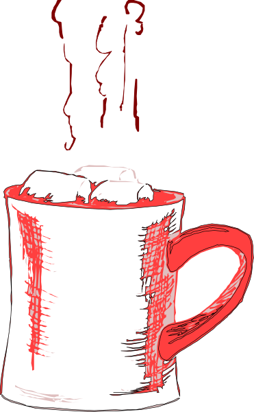 The black and white illustration shows a coffee cup with steam rising from it on top of what appears to be an ice cream cone-shaped object that has been drawn over in red ink; there is also a heart shape atop this item, suggesting love or affection for something related to the image's content.