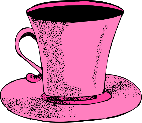 The black and white illustration shows a pink teacup with its lid on top of it placed next to an empty saucer in front of two coffee cups that appear as if one is being poured into another, all set against a dark background.