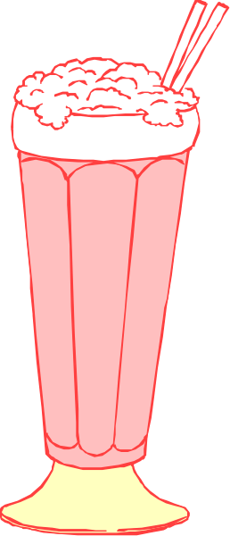 The image shows a tall pink drink with ice cream on top inside an orange cone shape container against a black background; there is also a strawberry in front of it.