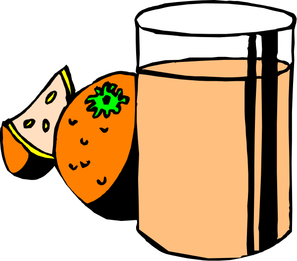The image shows a glass of orange juice with an illustration of fruit slices on top next to it.