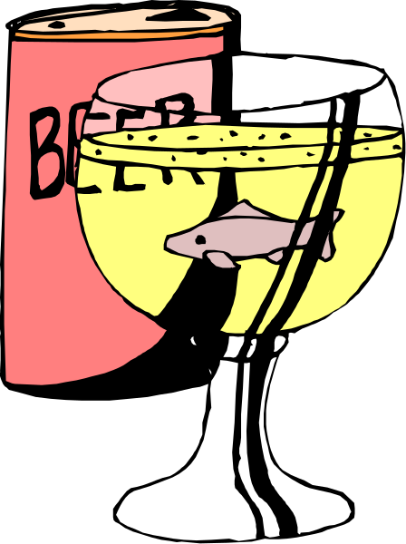 The black and white illustration shows a wine glass with an ice cube inside it next to two signs: "BEER" on one side of the image and "WINE" on another.