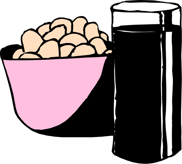The black and white illustration shows a jar of peanuts on top left corner with two bowls containing food items in front of it; one bowl contains nuts while another has candy pieces inside.
