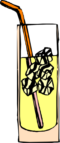 The picture shows a tall glass with ice cubes filled to about three quarters of its height containing yellow liquid that could be lemonade, iced tea, or another type of cold drink; there is also an orange straw in it and some sliced fruit on top which might include lemons or limes. In the background, slightly out-of-focus but still visible due to a shallow depth of field effect created by the camera angle, appears to be part of someone's arm holding up this glass as if they are about to take a sip from it.