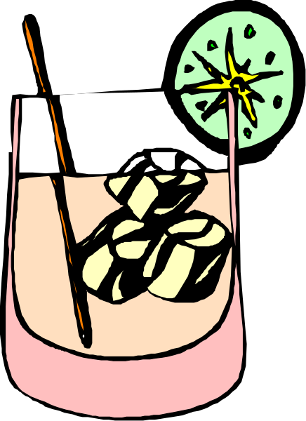 The illustration shows a cocktail with ice cubes on top of it garnished by an orange slice and strawberry slices in what appears to be a glass cup placed next to another drink that has pineapple chunks, all set against a black background.