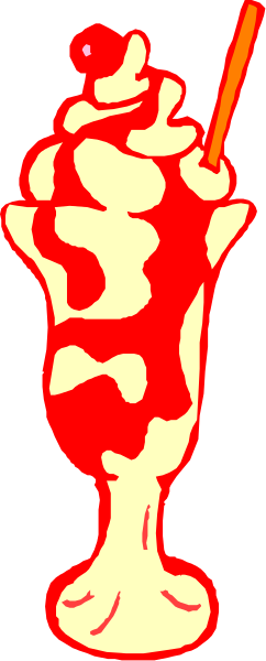 The image shows a red ice cream cone with two scoops of vanilla ice cream on top, placed inside an upright glass vase filled with liquid that resembles chocolate syrup; there is also a strawberry atop one of the cones and what appears to be whipped cream.