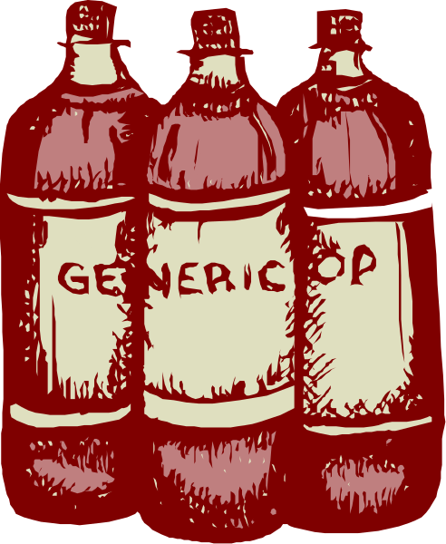 The illustration shows three bottles of soda with labels that read "GENERIC" on a shelf against a red background.