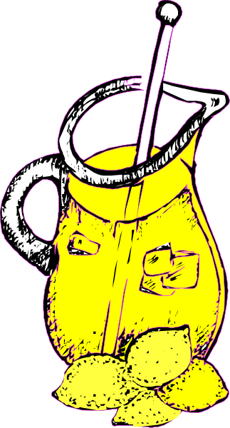 The illustration shows a cartoon pitcher with two handles filled to varying levels of liquid, placed on top of what appears to be an ice cream cone-shaped object that has three scoops at its base and is colored yellow; there's also a strawberry or similar fruit depicted in the background.