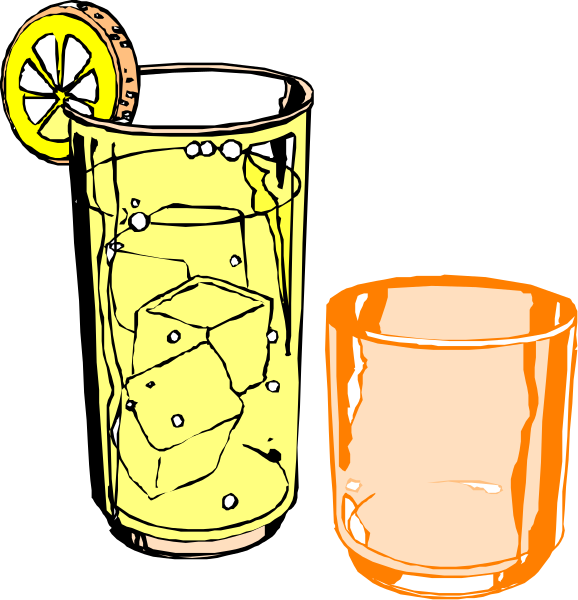 The illustration shows two glasses of drinks: a tall glass with ice cubes on top filled to about three-quarters capacity containing what appears to be lemonade; next to it is another shorter drink in an orange hue, possibly representing whiskey and ginger ale or similar cocktail, also served over ice.