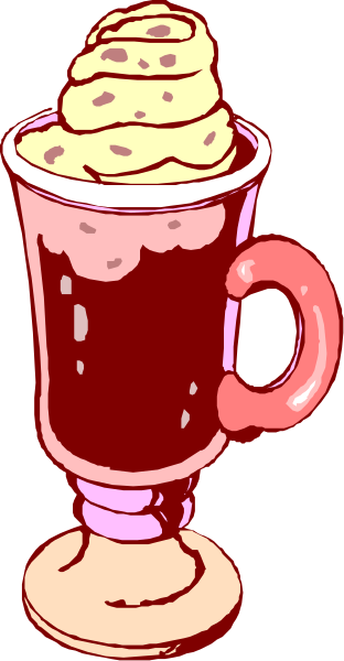The illustration shows a tall glass mug filled with ice cream topped with whipped cream on top of it placed in front of an image that appears to be a cupcake.