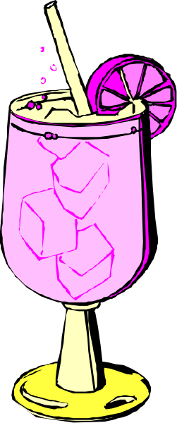 The illustration shows a tall glass of pink lemonade with ice cubes on top, garnished with sliced lime wedges around it; there's also an orange slice floating in the drink as well as one resting atop the rim and another inside the straw.
