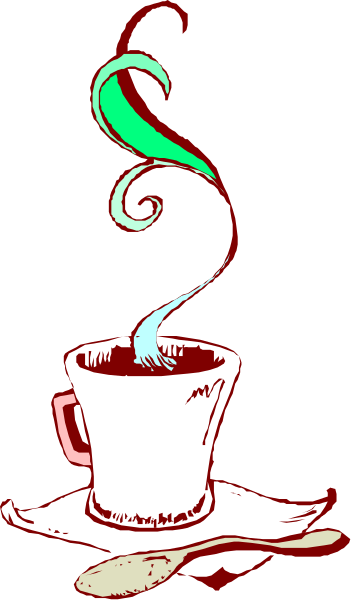 The image shows a cartoon of an animated cup with steam coming out from it on top of what appears to be a coffee mug that is placed next to another object resembling a hat.