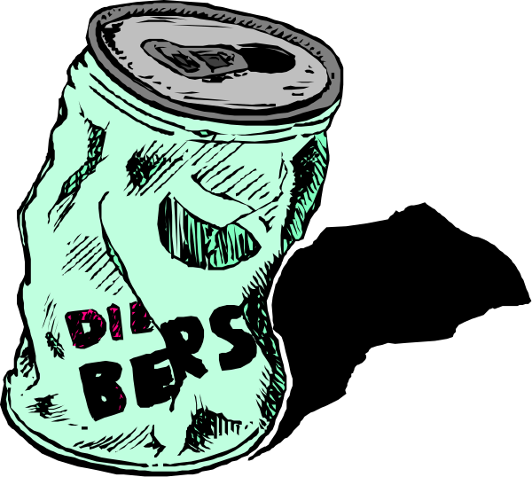The black and white illustration shows a can of soda with text that reads "DEBERS" on it next to another similar-looking but empty can labeled as "Debtors."