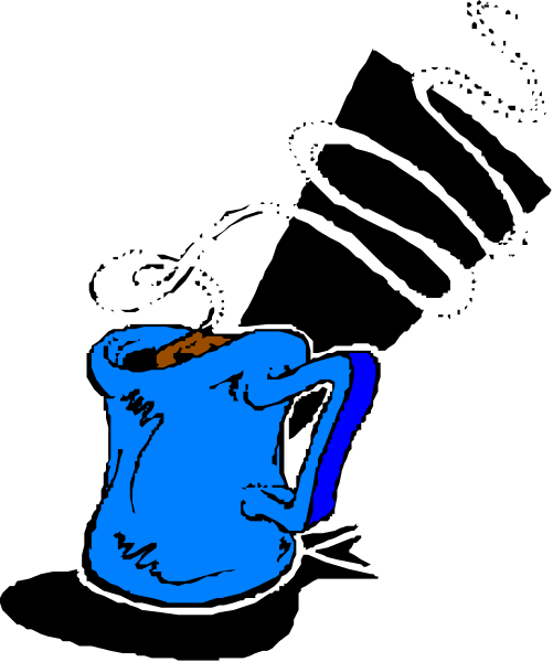 The image shows a blue mug with an illustration of a cat inside it on top of what appears to be a black surface against a dark background.