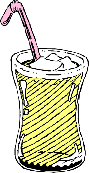 The picture shows a tall glass of yellow liquid with ice cubes inside it on top of what appears to be an outdoor table under clear skies during daylight hours.