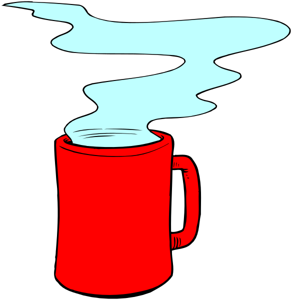 The image shows a red coffee mug with steam rising from it against a black background.