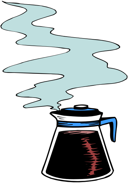 The image shows a cartoon of an old coffee pot with steam rising from it on top of what appears to be a stove burner in front of a dark background.