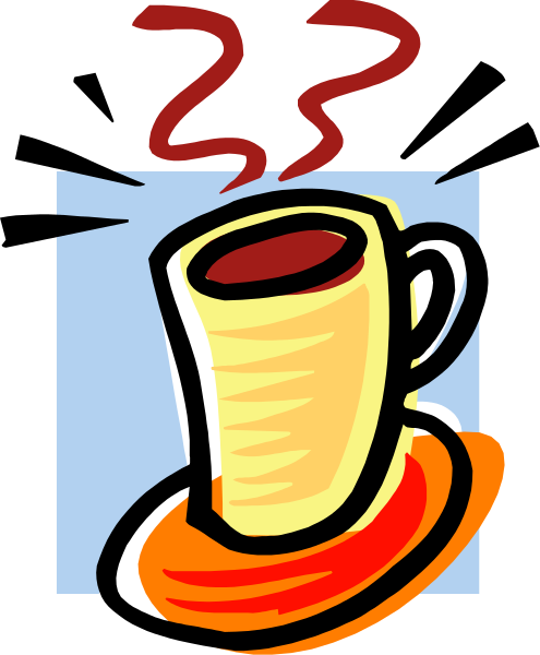 The image shows a cartoon of an orange coffee cup with steam rising from it on top of what appears to be a red saucer, placed next to two black lines that represent smoke coming out of the mug's spout and handle respectively; above this scene is a small blue square containing white text.