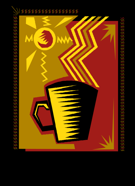 The image shows a stylized graphic with an illustration of a coffee cup on top right corner against red background; below it is sun symbol in center surrounded by rays emanating outwardly from left to right, and at bottom there's a mug icon next to the word "coffee" written horizontally.