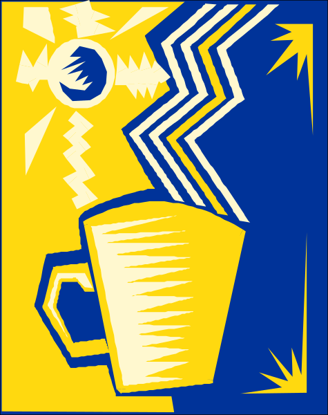 The image shows a stylized graphic of an illustrated coffee cup with steam rising from it against a blue background that has abstract shapes resembling stars or lightning bolts around its rim.