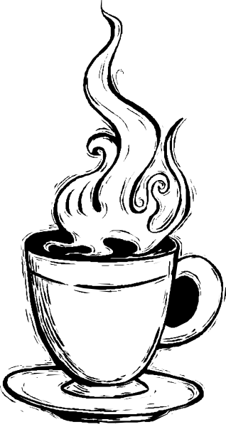 The black and white illustration shows a cup of coffee with steam rising from it on top of what appears to be an espresso machine in front of which is a small window that lets light into the room, suggesting this might take place at home during breakfast or brunch time.
