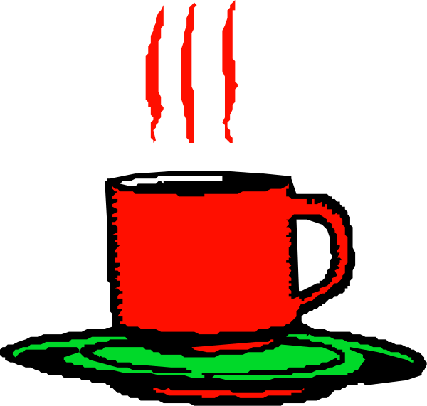 The image shows a red coffee cup with steam rising from it on top of what appears to be an espresso machine in front of two cups that have been filled by this process; there is no visible text, and only one person can be seen at bottom right corner who seems to be operating the equipment.