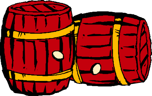 The image shows two red wooden barrels with gold bands on a dark background.