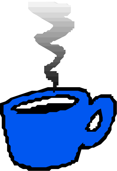The image shows a blue coffee mug with steam rising from it on top of what appears to be an ice cream cone-shaped object against a black background; there is also a small white cloud above the cup, and below that, two stripes in shades of gray and brown are visible.