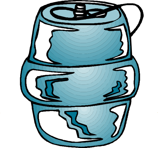 The image shows a cartoon of an aluminum can with cracks on its side, suggesting it is damaged but still functional as a container for liquid beverages like soda pop.
