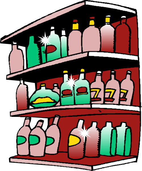 The image shows a cartoon depiction of an alcoholic beverage store with various bottles on shelves behind it.