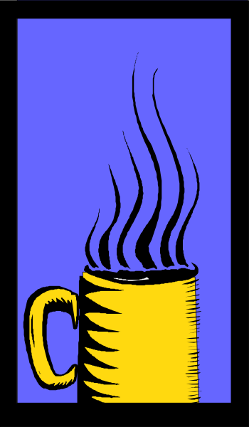 The picture shows a cartoon of an open window with steam coming out from inside it into cold air outside where there is snow on the ground; in front of this scene sits a cup filled to overflowing with coffee, and above that cup floats another smaller one containing more steaming hot beverage.