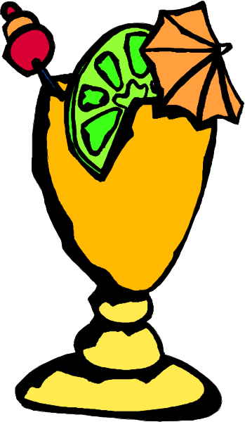 The illustration shows a tall glass filled with fruit punch topped by an umbrella on top of it placed next to a slice of lime in another cup.