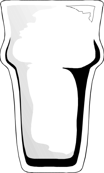 The black and white photo shows a glass of beer with ice cubes on top placed next to an open umbrella in front of a building during daylight hours.