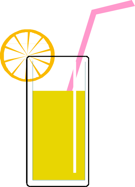 The image shows a tall glass of orange juice with an ice cube on top next to two slices of lemon and a slice of lime in it; there is also one whole piece of fruit that appears to be either grapefruit, tangerine or similar citrus fruit floating above the drink.