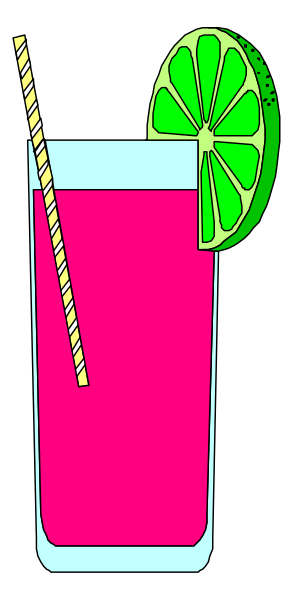 The image shows a tall drink with slices of lime on top served over ice cubes inside a glass cup, accompanied by two straws in pink liquid against a dark background.