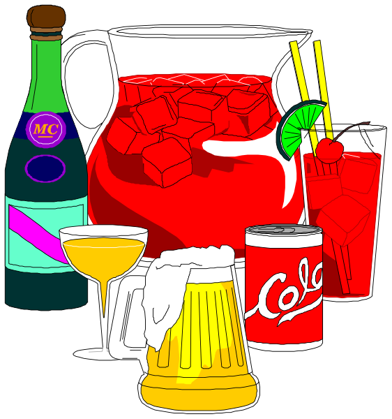 The illustration shows a table with various items including drinks such as cocktails, soda cans, wine bottles, cups of ice cubes, sliced fruit like lemon and lime wedges, straws, and garnishes; there's also an assortment of snacks or appetizers. The setting appears to be a casual gathering with party-themed items suggesting it might be for celebrating something special.
