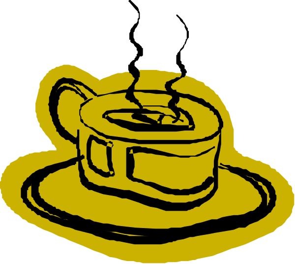 The black and white illustration shows a coffee cup with steam rising from it on top of saucers next to each other in front of two cups that have been drawn over them as if filled with liquid.