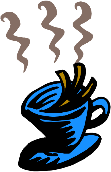 The image shows a cartoon of coffee cups with steam rising from them on top of what appears to be an illustration of a cupcake in front of it.