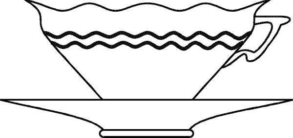 The black and white illustration shows a teapot with two handles on top of it placed inside an oval-shaped bowl that is sitting atop another larger round object which could be interpreted as either a plate, lid, or base for displaying items like candles or decorative objects.