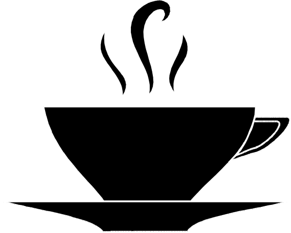 The black and white illustration shows a coffee cup with steam rising from it on top of an empty saucer next to a spoon rest.