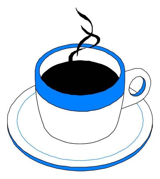 The image shows a cup of coffee on top of a saucer with steam rising from it against a black background.