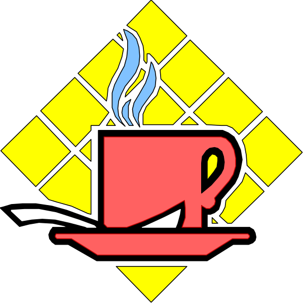 The logo features a coffee cup with steam rising from it next to an illustration of two crossed swords forming an 'x' shape above them.