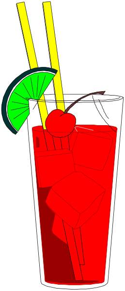 The image shows a tall glass of red cocktail with ice cubes on top, garnished with sliced lime wedges and straws in it; there is also another similar drink next to it without any visible contents inside its cup.