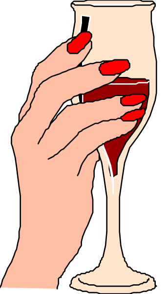 The illustration shows a hand holding up a wine glass with red liquid inside it against an unseen background; there is no text present in this image.