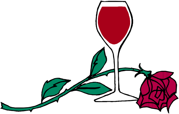 The image shows a digital illustration of two wine glasses with roses between them on what appears to be an invitation card background.