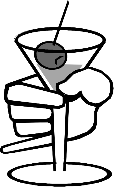 The black and white illustration shows a cocktail glass with an olive on top being held by what appears to be a hand wearing gloves in front of it.