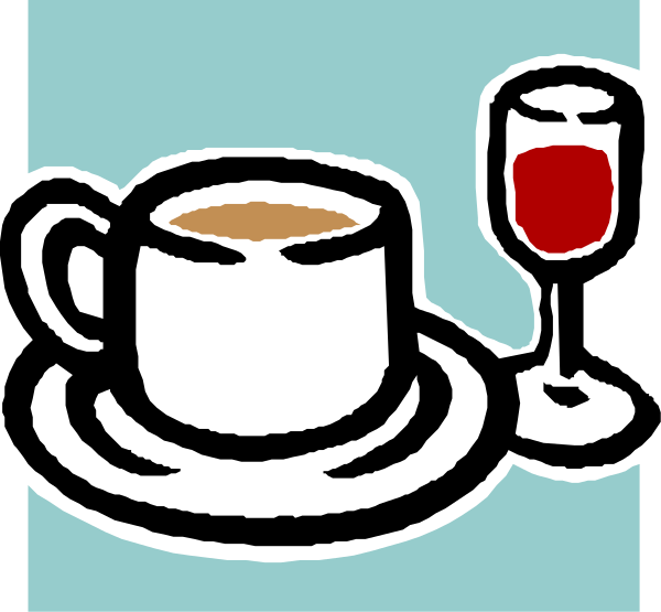 The image shows a cartoon of two cups on saucers with handles facing upwards; to their right is an illustration of wine glasses filled halfway; above these items there's a small red heart shape, and below them appears another cup that resembles coffee or tea.
